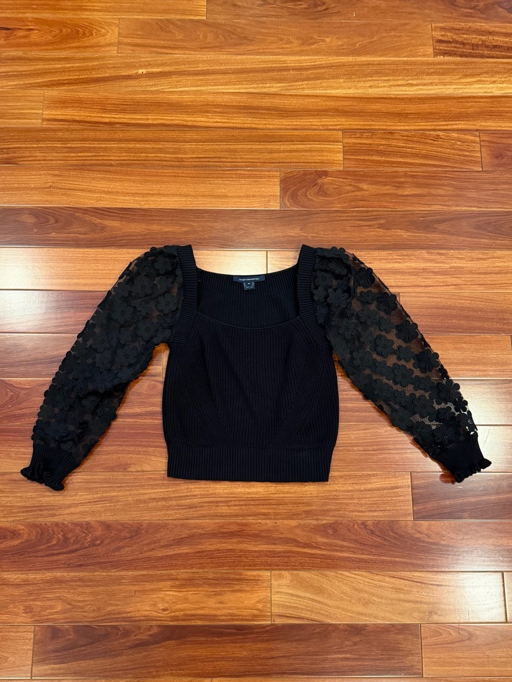 French Connection Black Puff Flower Lace Sleeve Knit Top. Gorgeous!!!